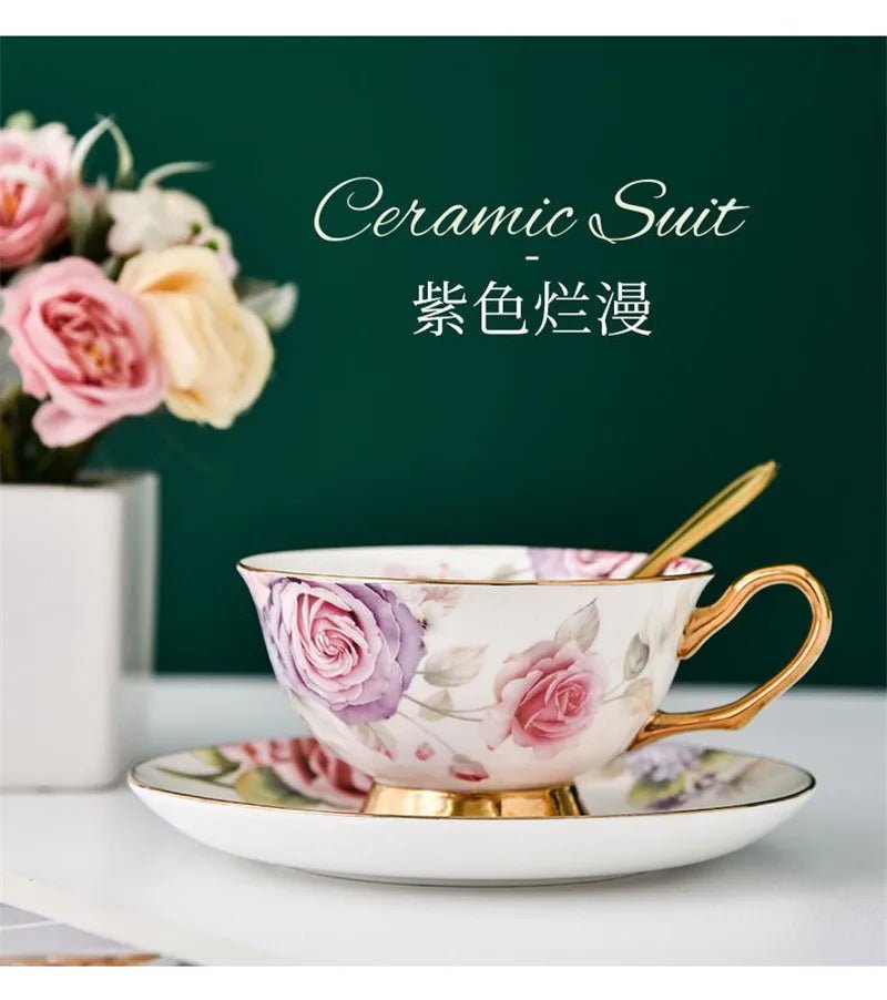 Coffee Cup Saucer Spoon Set Flower Tea Cups Set European Porcelain Cup and Saucer For Coffee Ceramic Cups Mugs Gift - BELMA