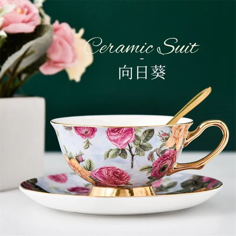 Coffee Cup Saucer Spoon Set Flower Tea Cups Set European Porcelain Cup and Saucer For Coffee Ceramic Cups Mugs Gift - BELMA