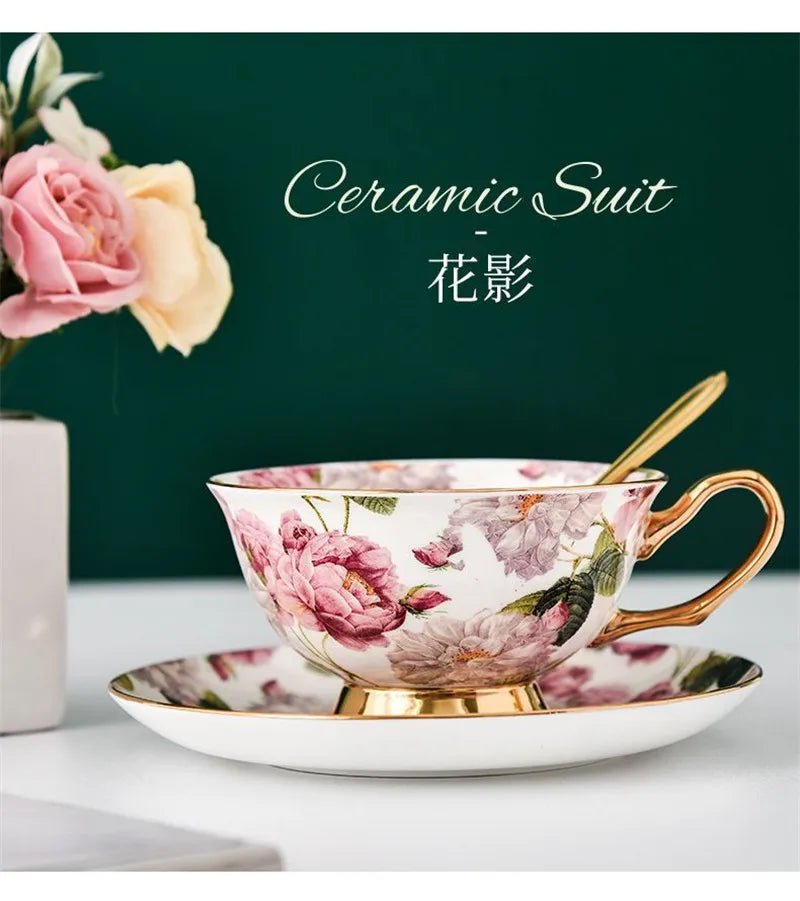 Coffee Cup Saucer Spoon Set Flower Tea Cups Set European Porcelain Cup and Saucer For Coffee Ceramic Cups Mugs Gift - BELMA