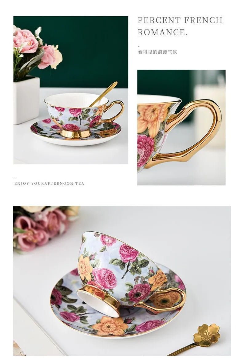 Coffee Cup Saucer Spoon Set Flower Tea Cups Set European Porcelain Cup and Saucer For Coffee Ceramic Cups Mugs Gift - BELMA