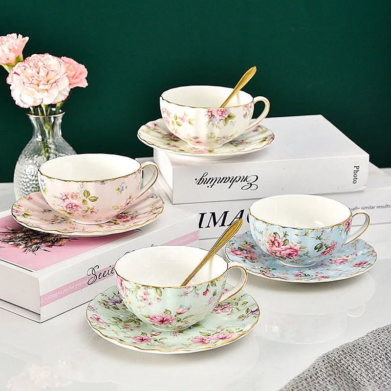 Coffee Cup Saucer Spoon Set Flower Tea Cups Set European Porcelain Cup and Saucer For Coffee Ceramic Cups Mugs Gift - BELMA
