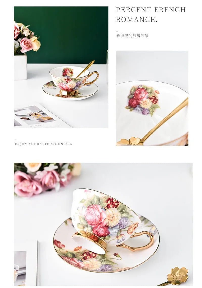 Coffee Cup Saucer Spoon Set Flower Tea Cups Set European Porcelain Cup and Saucer For Coffee Ceramic Cups Mugs Gift - BELMA