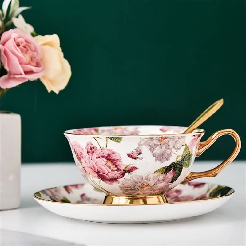Coffee Cup Saucer Spoon Set Flower Tea Cups Set European Porcelain Cup and Saucer For Coffee Ceramic Cups Mugs Gift - BELMA