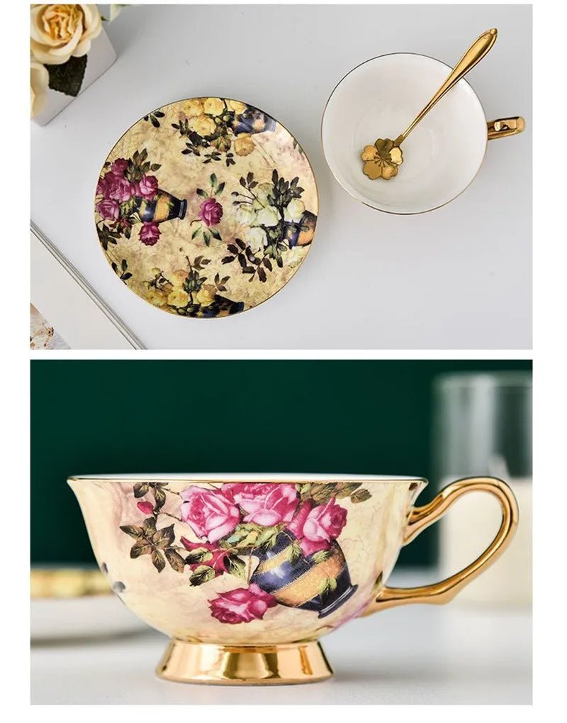 Coffee Cup Saucer Spoon Set Flower Tea Cups Set European Porcelain Cup and Saucer For Coffee Ceramic Cups Mugs Gift - BELMA
