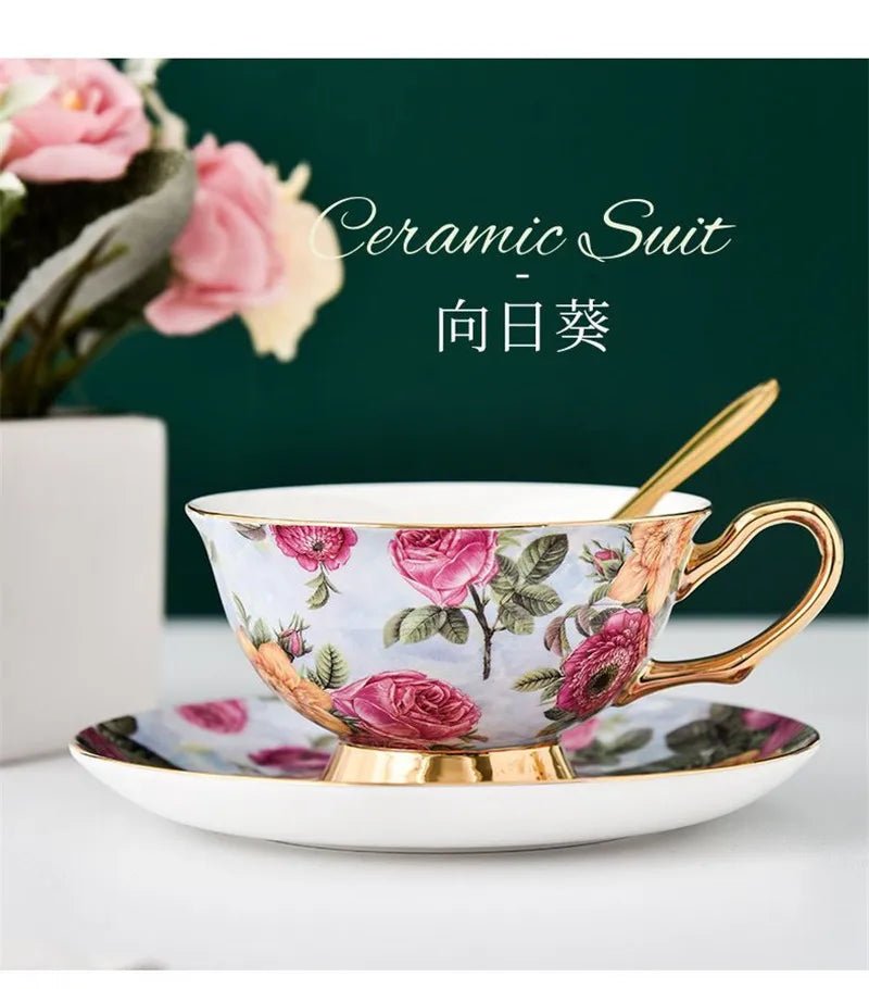 Coffee Cup Saucer Spoon Set Flower Tea Cups Set European Porcelain Cup and Saucer For Coffee Ceramic Cups Mugs Gift - BELMA