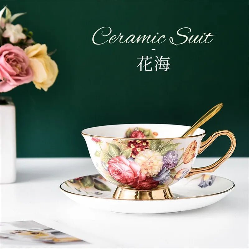 Coffee Cup Saucer Spoon Set Flower Tea Cups Set European Porcelain Cup and Saucer For Coffee Ceramic Cups Mugs Gift - BELMA
