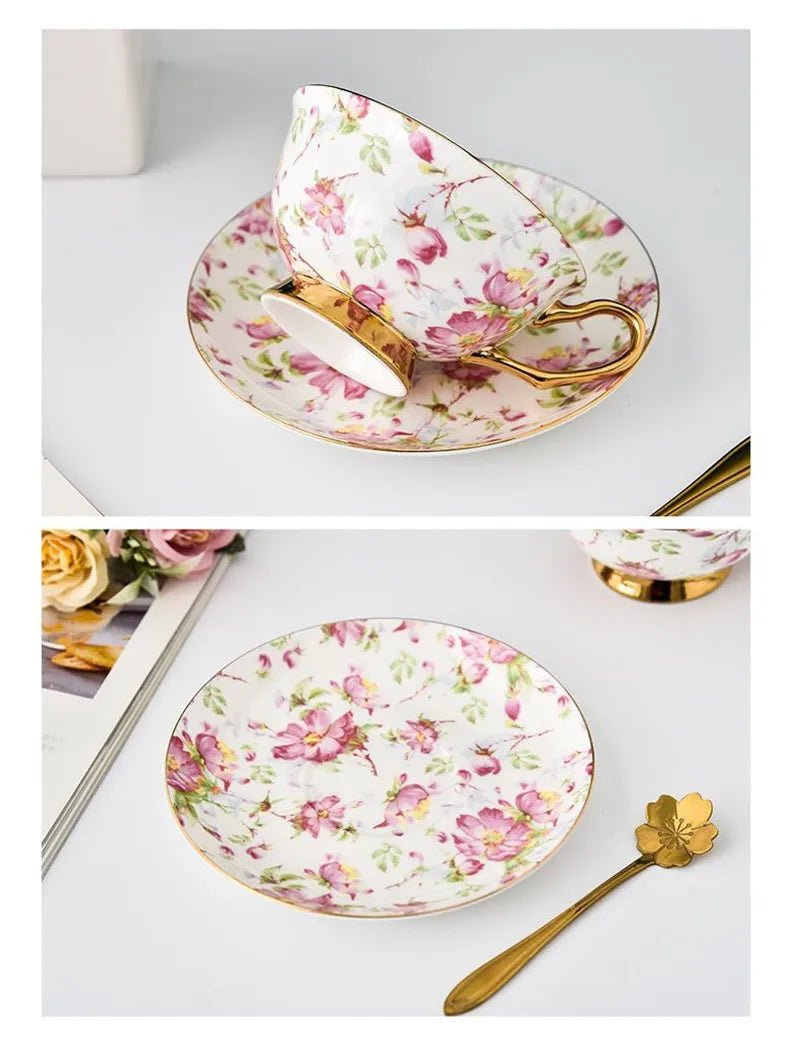 Coffee Cup Saucer Spoon Set Flower Tea Cups Set European Porcelain Cup and Saucer For Coffee Ceramic Cups Mugs Gift - BELMA