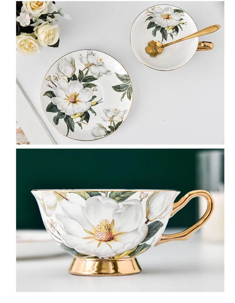 Coffee Cup Saucer Spoon Set Flower Tea Cups Set European Porcelain Cup and Saucer For Coffee Ceramic Cups Mugs Gift - BELMA
