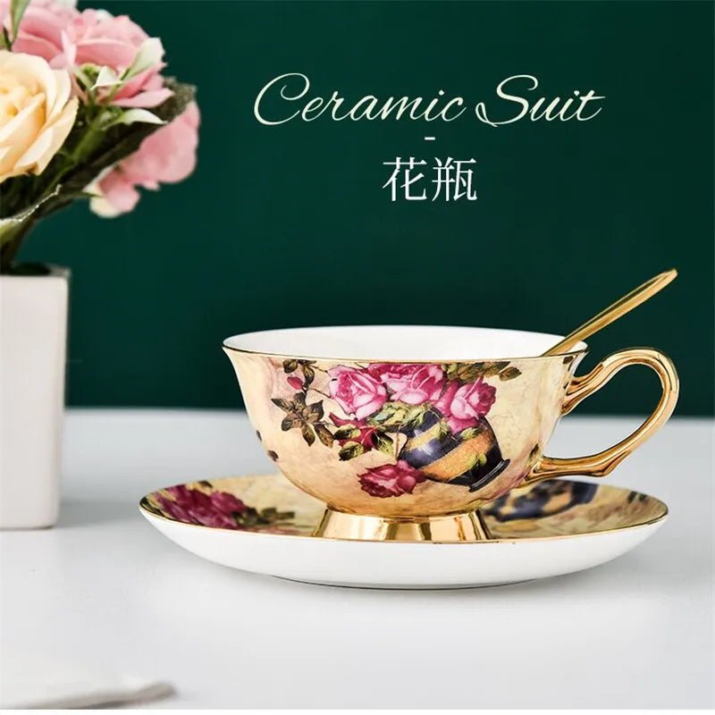Coffee Cup Saucer Spoon Set Flower Tea Cups Set European Porcelain Cup and Saucer For Coffee Ceramic Cups Mugs Gift - BELMA