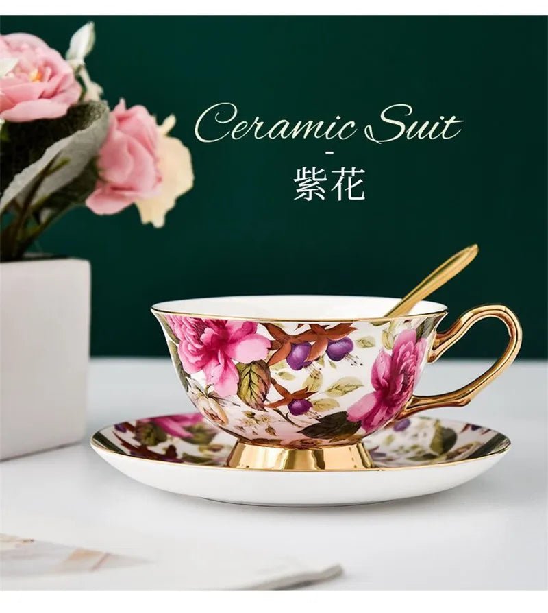 Coffee Cup Saucer Spoon Set Flower Tea Cups Set European Porcelain Cup and Saucer For Coffee Ceramic Cups Mugs Gift - BELMA