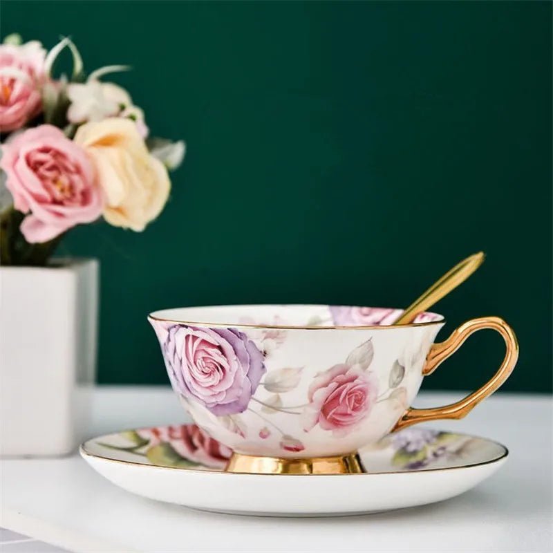 Coffee Cup Saucer Spoon Set Flower Tea Cups Set European Porcelain Cup and Saucer For Coffee Ceramic Cups Mugs Gift - BELMA