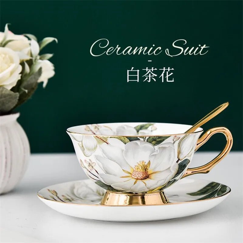 Coffee Cup Saucer Spoon Set Flower Tea Cups Set European Porcelain Cup and Saucer For Coffee Ceramic Cups Mugs Gift - BELMA