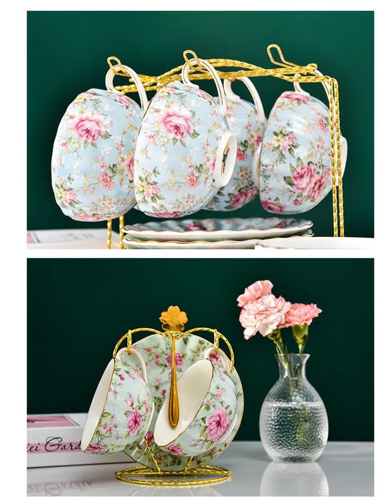 Coffee Cup Saucer Spoon Set Flower Tea Cups Set European Porcelain Cup and Saucer For Coffee Ceramic Cups Mugs Gift - BELMA