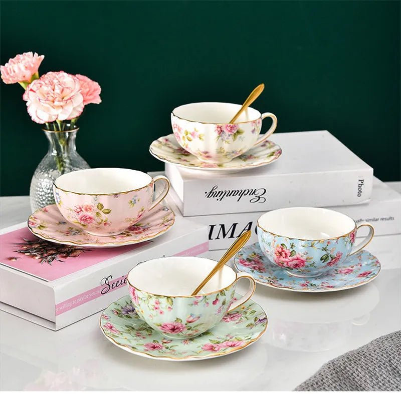 Coffee Cup Saucer Spoon Set Flower Tea Cups Set European Porcelain Cup and Saucer For Coffee Ceramic Cups Mugs Gift - BELMA