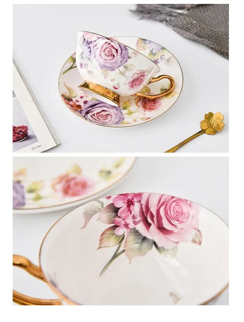 Coffee Cup Saucer Spoon Set Flower Tea Cups Set European Porcelain Cup and Saucer For Coffee Ceramic Cups Mugs Gift - BELMA