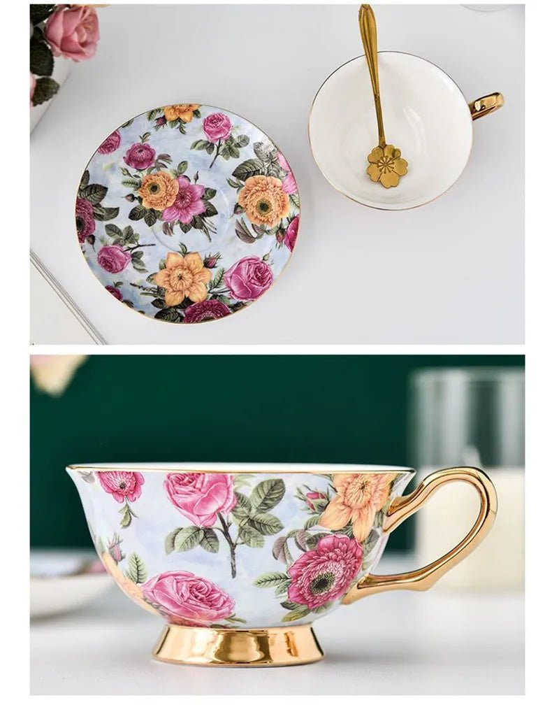 Coffee Cup Saucer Spoon Set Flower Tea Cups Set European Porcelain Cup and Saucer For Coffee Ceramic Cups Mugs Gift - BELMA