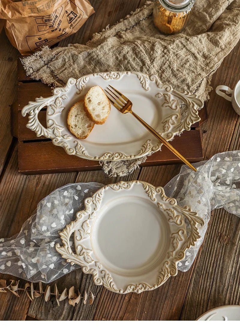 French Retro Relief Plate Ceramic Spaghetti Plate Binaural Dessert Western Food Plate Light Luxury Tableware - BELMA