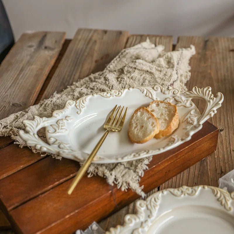 French Retro Relief Plate Ceramic Spaghetti Plate Binaural Dessert Western Food Plate Light Luxury Tableware - BELMA