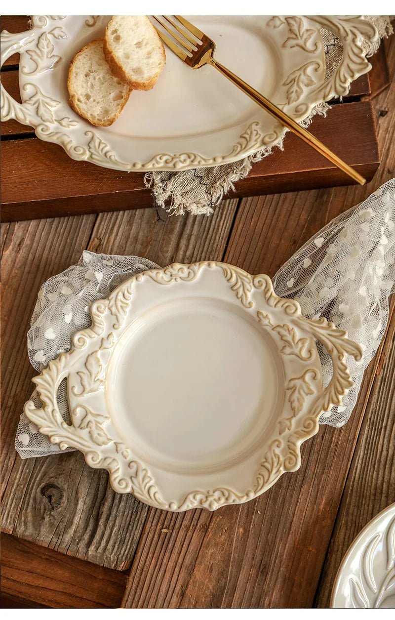 French Retro Relief Plate Ceramic Spaghetti Plate Binaural Dessert Western Food Plate Light Luxury Tableware - BELMA