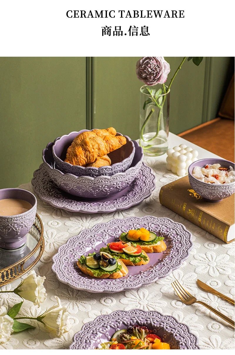 French Royal Style European - Style Ceramic Tableware Relief Plate Western Cuisine Plate Purple round Plate - BELMA