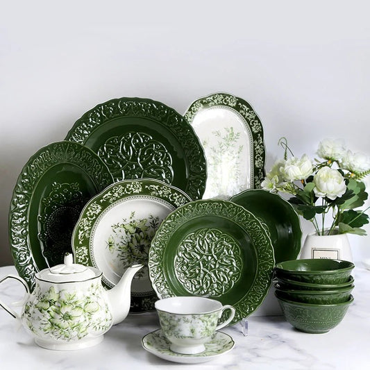 Relief Retro Bowl Plate Palace Pot Cup Plate Ceramic Tableware Western Cuisine Plate - BELMA