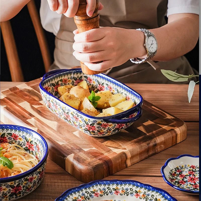 Retro Ceramic Bakeware Household Hand Painted Salad Plate Rice Bowl Binaural Baking Pan Kitchen Tableware Single Handle Bowl - BELMA