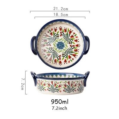 Retro Ceramic Bakeware Household Hand Painted Salad Plate Rice Bowl Binaural Baking Pan Kitchen Tableware Single Handle Bowl - BELMA