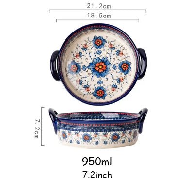Retro Ceramic Bakeware Household Hand Painted Salad Plate Rice Bowl Binaural Baking Pan Kitchen Tableware Single Handle Bowl - BELMA