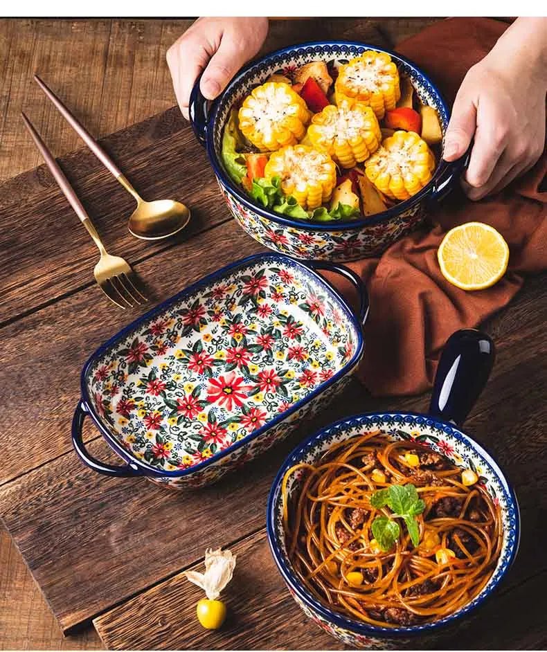 Retro Ceramic Bakeware Household Hand Painted Salad Plate Rice Bowl Binaural Baking Pan Kitchen Tableware Single Handle Bowl - BELMA