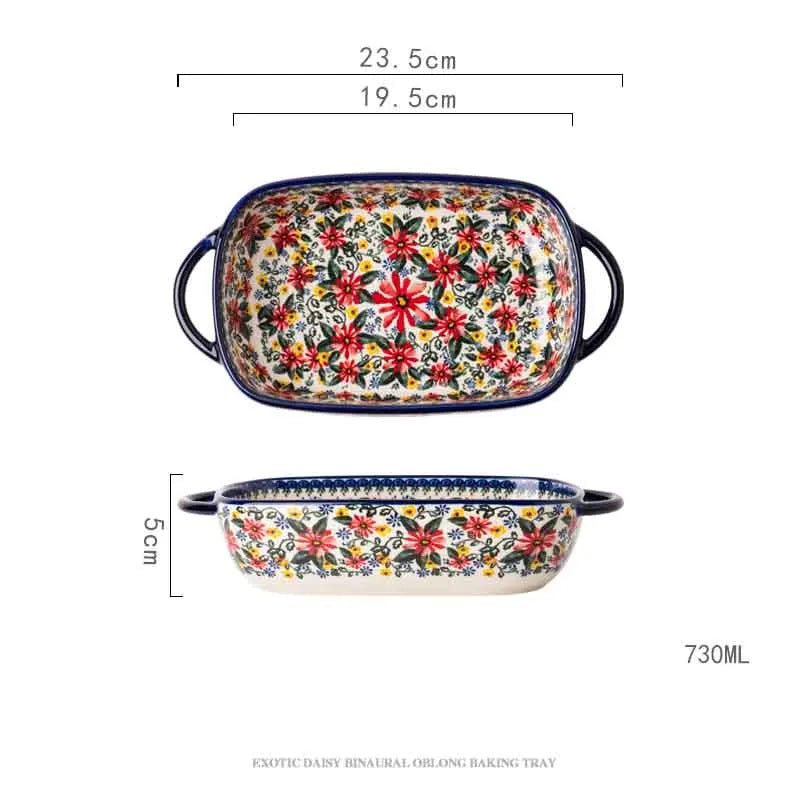 Retro Ceramic Bakeware Household Hand Painted Salad Plate Rice Bowl Binaural Baking Pan Kitchen Tableware Single Handle Bowl - BELMA