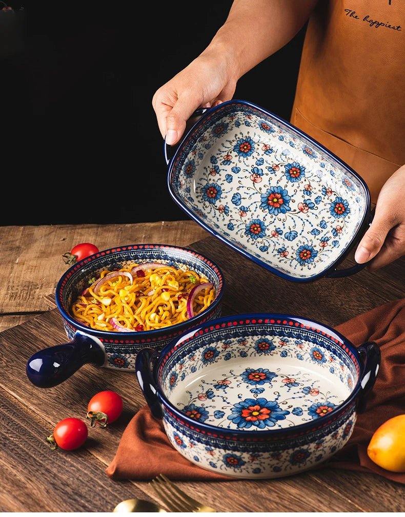Retro Ceramic Bakeware Household Hand Painted Salad Plate Rice Bowl Binaural Baking Pan Kitchen Tableware Single Handle Bowl - BELMA