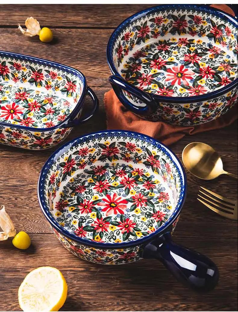 Retro Ceramic Bakeware Household Hand Painted Salad Plate Rice Bowl Binaural Baking Pan Kitchen Tableware Single Handle Bowl - BELMA