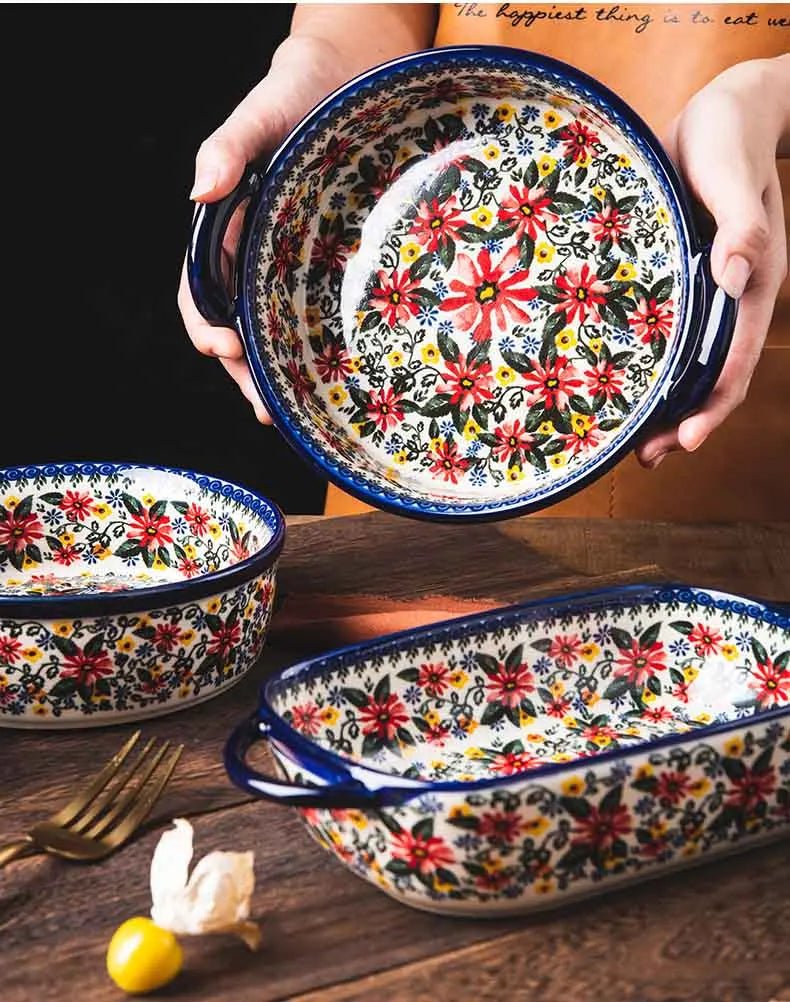 Retro Ceramic Bakeware Household Hand Painted Salad Plate Rice Bowl Binaural Baking Pan Kitchen Tableware Single Handle Bowl - BELMA