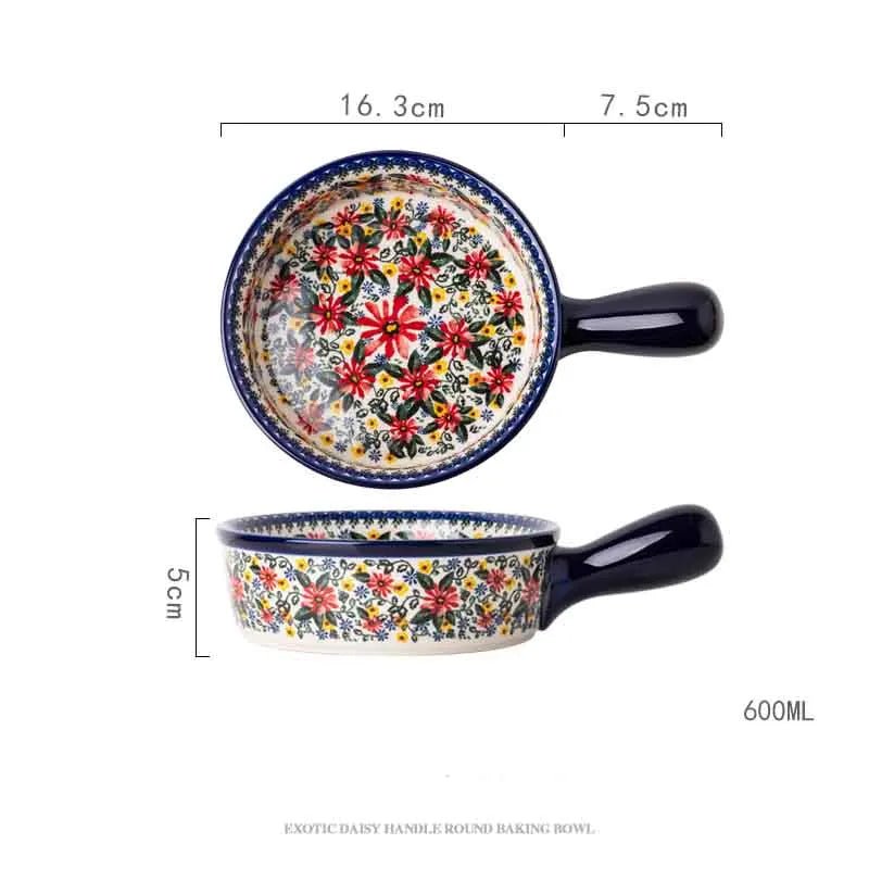 Retro Ceramic Bakeware Household Hand Painted Salad Plate Rice Bowl Binaural Baking Pan Kitchen Tableware Single Handle Bowl - BELMA