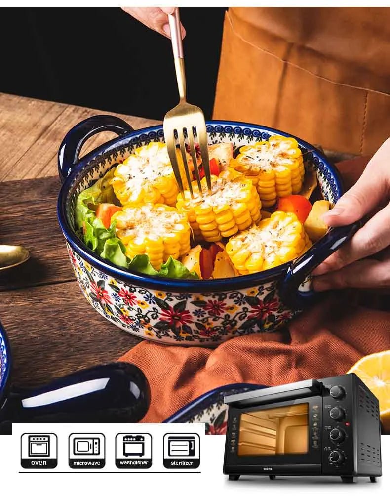 Retro Ceramic Bakeware Household Hand Painted Salad Plate Rice Bowl Binaural Baking Pan Kitchen Tableware Single Handle Bowl - BELMA