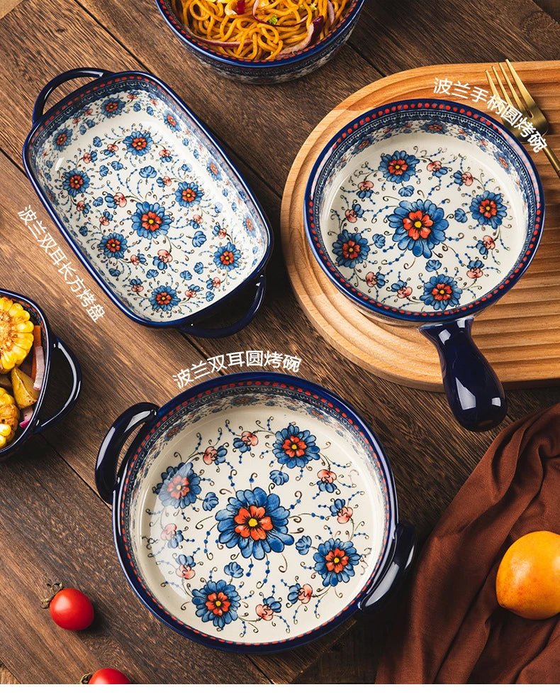 Retro Ceramic Bakeware Household Hand Painted Salad Plate Rice Bowl Binaural Baking Pan Kitchen Tableware Single Handle Bowl - BELMA