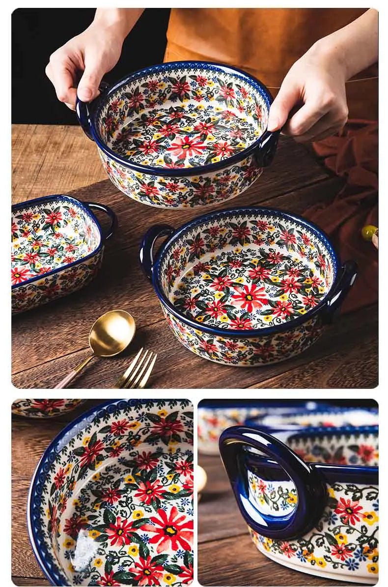 Retro Ceramic Bakeware Household Hand Painted Salad Plate Rice Bowl Binaural Baking Pan Kitchen Tableware Single Handle Bowl - BELMA