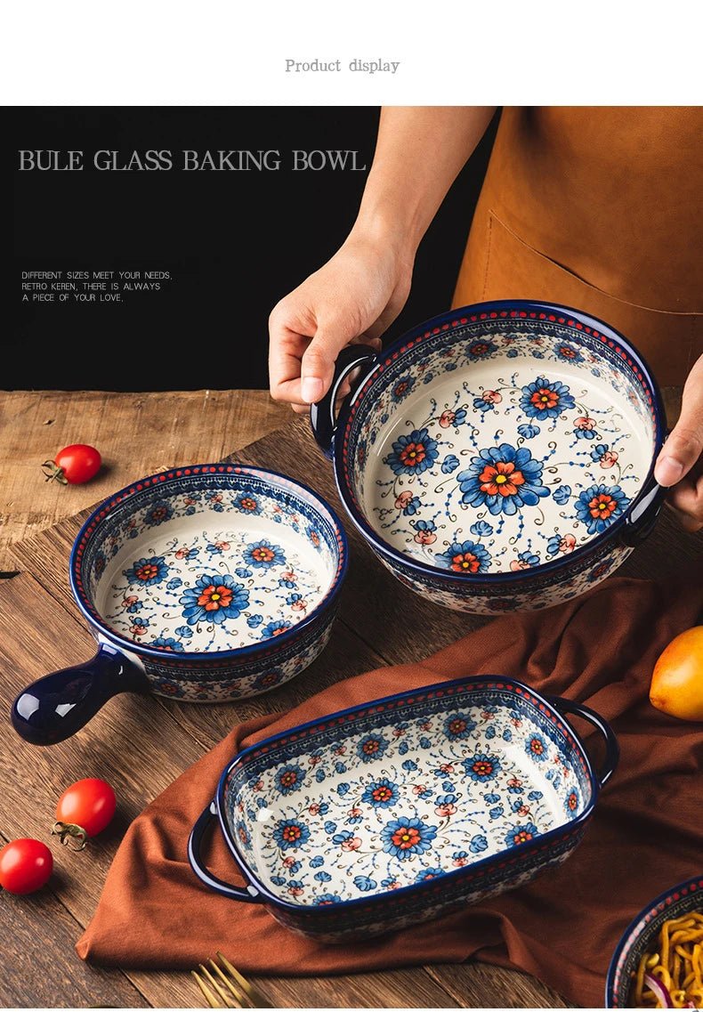 Retro Ceramic Bakeware Household Hand Painted Salad Plate Rice Bowl Binaural Baking Pan Kitchen Tableware Single Handle Bowl - BELMA