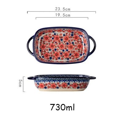 Retro Ceramic Bakeware Household Hand Painted Salad Plate Rice Bowl Binaural Baking Pan Kitchen Tableware Single Handle Bowl - BELMA