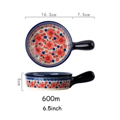 Retro Ceramic Bakeware Household Hand Painted Salad Plate Rice Bowl Binaural Baking Pan Kitchen Tableware Single Handle Bowl - BELMA