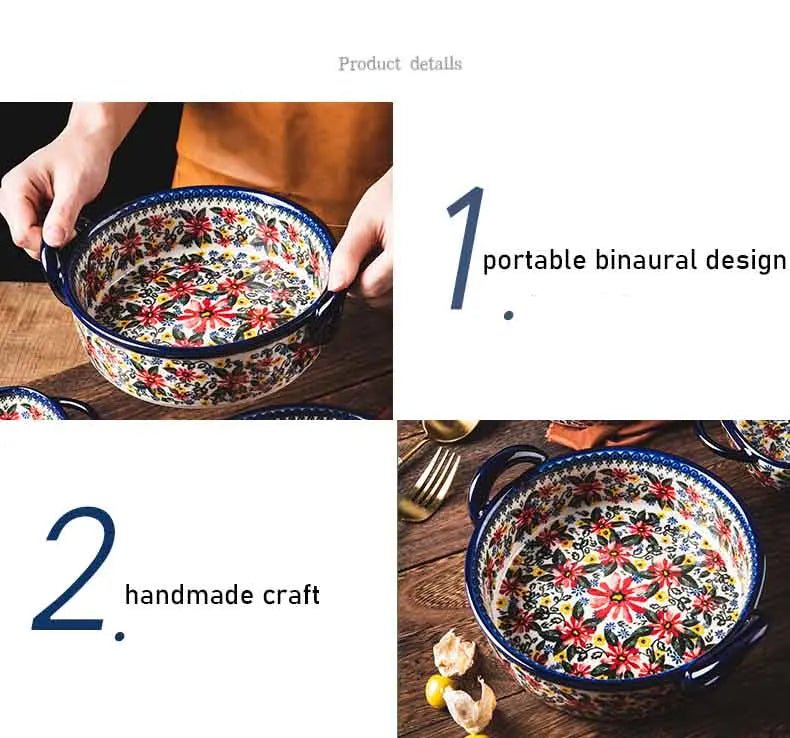 Retro Ceramic Bakeware Household Hand Painted Salad Plate Rice Bowl Binaural Baking Pan Kitchen Tableware Single Handle Bowl - BELMA