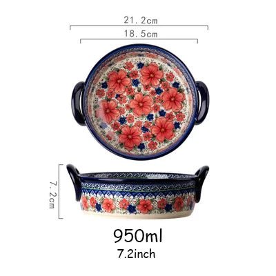 Retro Ceramic Bakeware Household Hand Painted Salad Plate Rice Bowl Binaural Baking Pan Kitchen Tableware Single Handle Bowl - BELMA