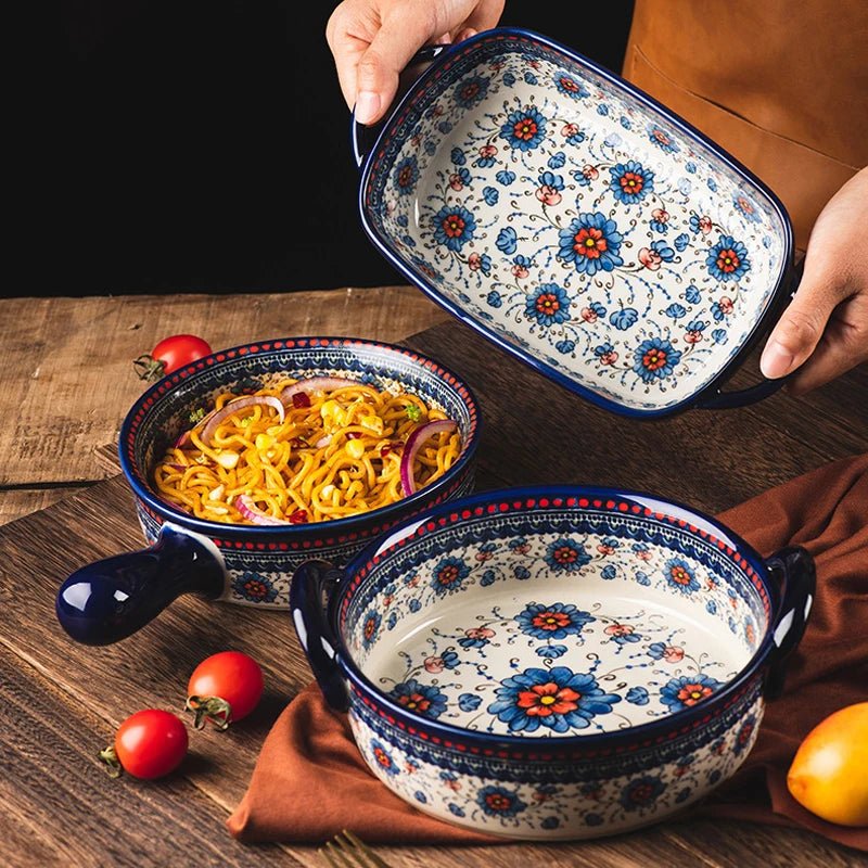 Retro Ceramic Bakeware Household Hand Painted Salad Plate Rice Bowl Binaural Baking Pan Kitchen Tableware Single Handle Bowl - BELMA