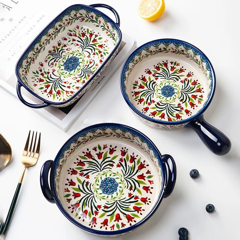 Retro Ceramic Bakeware Household Hand Painted Salad Plate Rice Bowl Binaural Baking Pan Kitchen Tableware Single Handle Bowl - BELMA