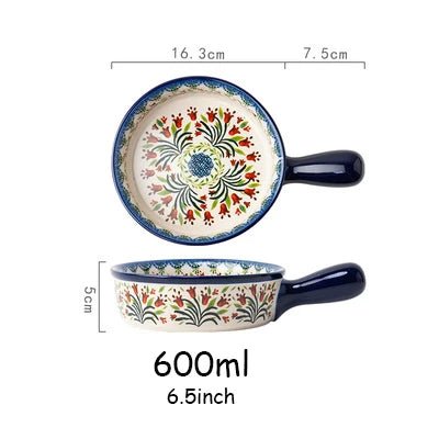 Retro Ceramic Bakeware Household Hand Painted Salad Plate Rice Bowl Binaural Baking Pan Kitchen Tableware Single Handle Bowl - BELMA