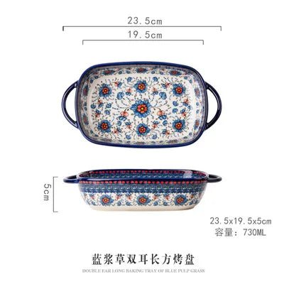 Retro Ceramic Bakeware Household Hand Painted Salad Plate Rice Bowl Binaural Baking Pan Kitchen Tableware Single Handle Bowl - BELMA