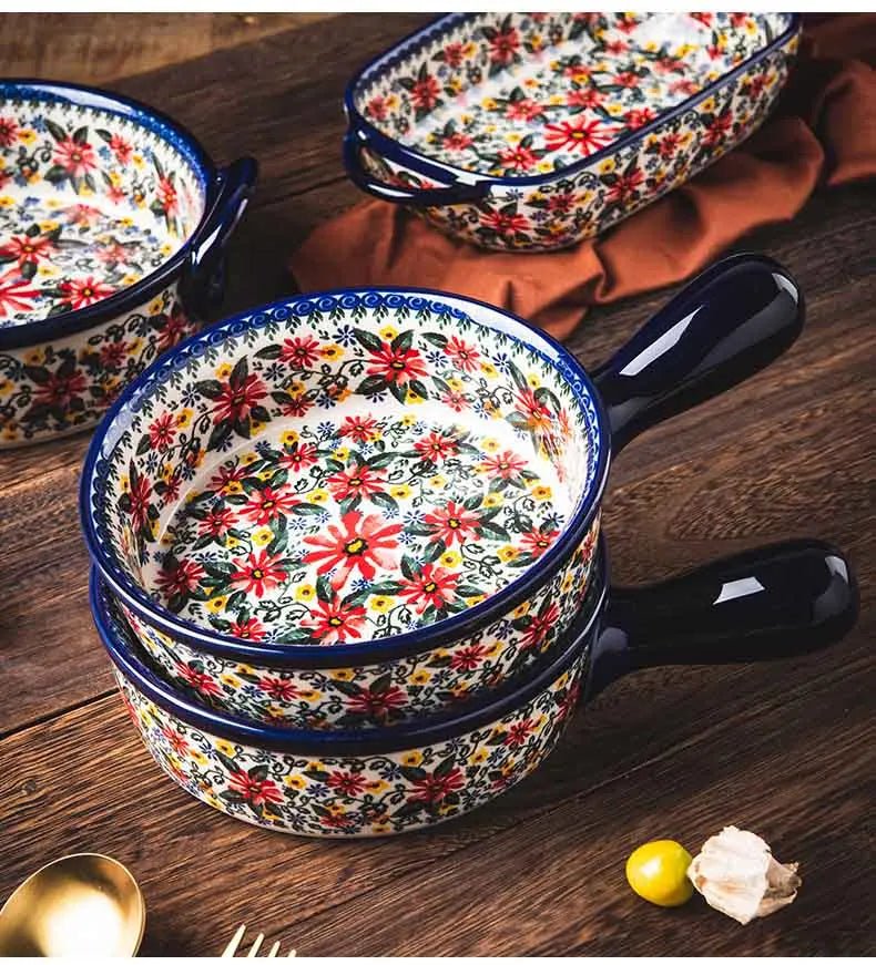 Retro Ceramic Bakeware Household Hand Painted Salad Plate Rice Bowl Binaural Baking Pan Kitchen Tableware Single Handle Bowl - BELMA