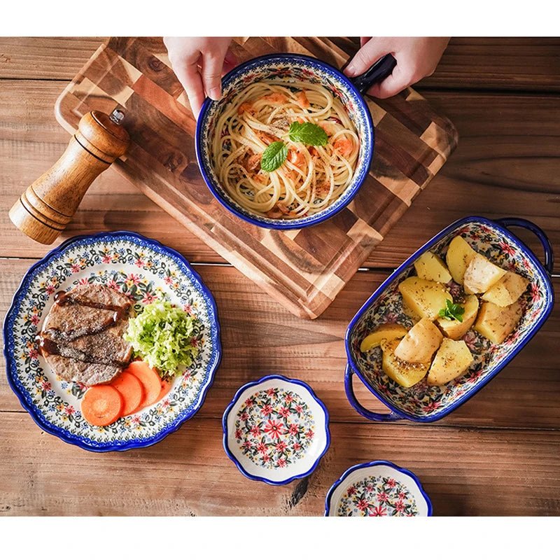 Retro Ceramic Bakeware Household Hand Painted Salad Plate Rice Bowl Binaural Baking Pan Kitchen Tableware Single Handle Bowl - BELMA