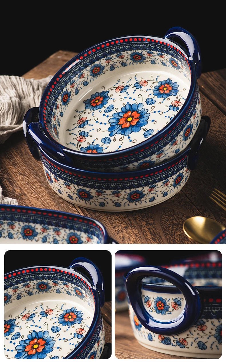 Retro Ceramic Bakeware Household Hand Painted Salad Plate Rice Bowl Binaural Baking Pan Kitchen Tableware Single Handle Bowl - BELMA