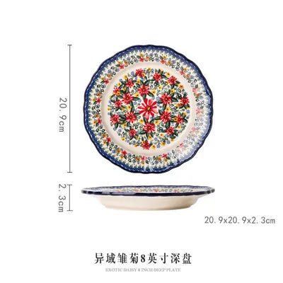 Retro Ceramic Bakeware Household Hand Painted Salad Plate Rice Bowl Binaural Baking Pan Kitchen Tableware Single Handle Bowl - BELMA